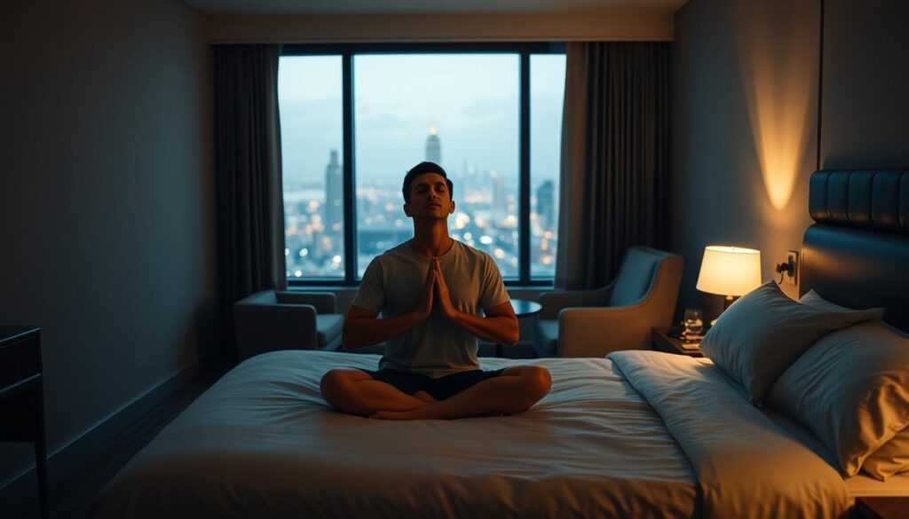 A calm, dimly lit hotel room. In the foreground, a pilot sits cross-legged on the bed, eyes closed, practicing mindful breathing techniques. Soft, warm lighting bathes the scene, creating a serene, relaxing atmosphere. In the middle ground, a plush armchair and small side table with a glass of water, hinting at a personal space for rest and recovery. The background features a large window overlooking a city skyline, the lights of distant buildings creating a soothing, urban ambiance. The overall mood evokes a sense of tranquility and mental rejuvenation, perfectly suited for the "Travel Recovery & Sleep" section of the article.