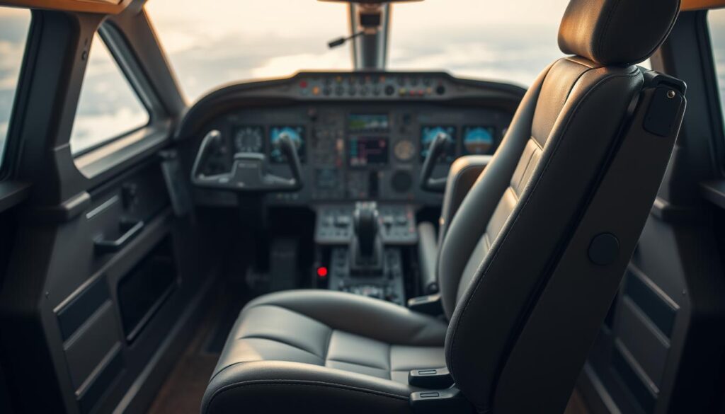 A cockpit interior with an ergonomic pilot seat in the foreground. The seat is adjustable, with clear markings for seat height, backrest angle, and other settings. The seat is made of high-quality materials like leather and has a contoured design to provide optimal lumbar support. The middle ground shows control panels and instrument displays, conveying a sense of advanced technology. The background features a panoramic view of the sky through the windshield, with a soft, warm lighting creating a calm, professional atmosphere.