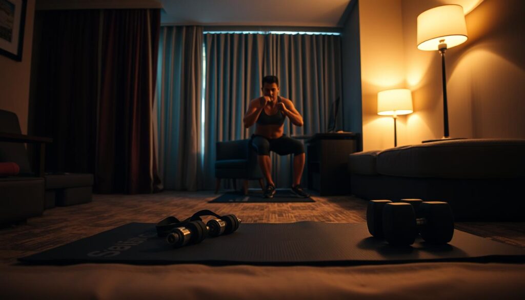 A dimly lit hotel room, the curtains drawn, casting a warm glow on a pilot's improvised workout space. In the foreground, a sturdy exercise mat laid out, with resistance bands and a pair of dumbbells neatly arranged. The middle ground showcases the pilot, clad in athletic wear, performing a series of squats and lunges, their focused expression captured in the soft lighting. In the background, a small desk and chair hint at the transient nature of the scene, while the overall atmosphere conveys a sense of determination and resourcefulness in the face of a demanding travel schedule. Cinematic, detailed, and realistic.
