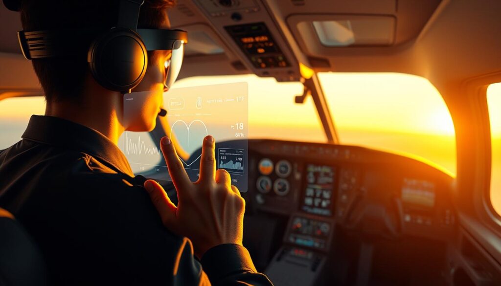 A futuristic cockpit interior, illuminated by warm, ambient lighting. In the foreground, a pilot's hand interacts with a sleek, holographic display, monitoring real-time fitness data - heart rate, breathing patterns, and other biometrics. The middle ground features the pilot's upper body, donning a sophisticated augmented reality (AR) headset that seamlessly integrates fitness tracking into the flight experience. In the background, the cockpit's sleek, minimalist design and advanced instrumentation convey a sense of cutting-edge technology. The overall atmosphere is one of efficiency, innovation, and the seamless convergence of aviation and personalized wellness. A futuristic cockpit interior, illuminated by warm, ambient lighting. In the foreground, a pilot's hand interacts with a sleek, holographic display, monitoring real-time fitness data - heart rate, breathing patterns, and other biometrics. The middle ground features the pilot's upper body, donning a sophisticated augmented reality (AR) headset that seamlessly integrates fitness tracking into the flight experience. In the background, the cockpit's sleek, minimalist design and advanced instrumentation convey a sense of cutting-edge technology. The overall atmosphere is one of efficiency, innovation, and the seamless convergence of aviation and personalized wellness.