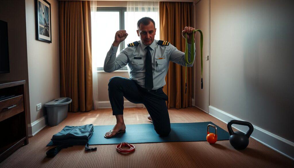A hotel room at dusk, warm lighting filtering through the curtains. In the center, a professional pilot is performing a series of core-strengthening exercises on a yoga mat, his uniform neatly folded nearby. Resistance bands, a portable pull-up bar, and a small kettlebell are arranged around him, the tools of his in-transit workout. The room is sparse, but the pilot's determined expression conveys his dedication to maintaining peak physical condition, even during the brief layovers that punctuate his demanding schedule. The scene captures the discipline and resourcefulness required to stay fit for the rigors of life in the cockpit.