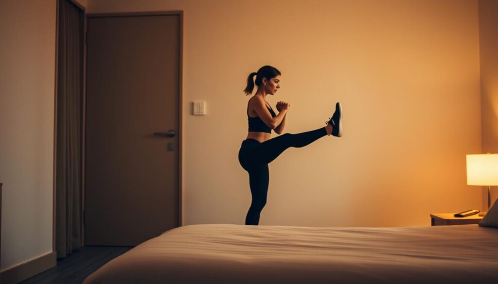 A hotel room filled with a serene, minimalist ambiance. In the foreground, a person performing a series of bodyweight exercises - squats, lunges, push-ups, and core exercises - without any equipment. Soft, warm lighting illuminates the scene, creating a cozy, inviting atmosphere. The background features a simple, uncluttered space, allowing the viewer to focus on the exercise routines. The overall scene conveys a sense of practicality, efficiency, and the ability to maintain a healthy lifestyle while on the go, even in a confined hotel room setting.