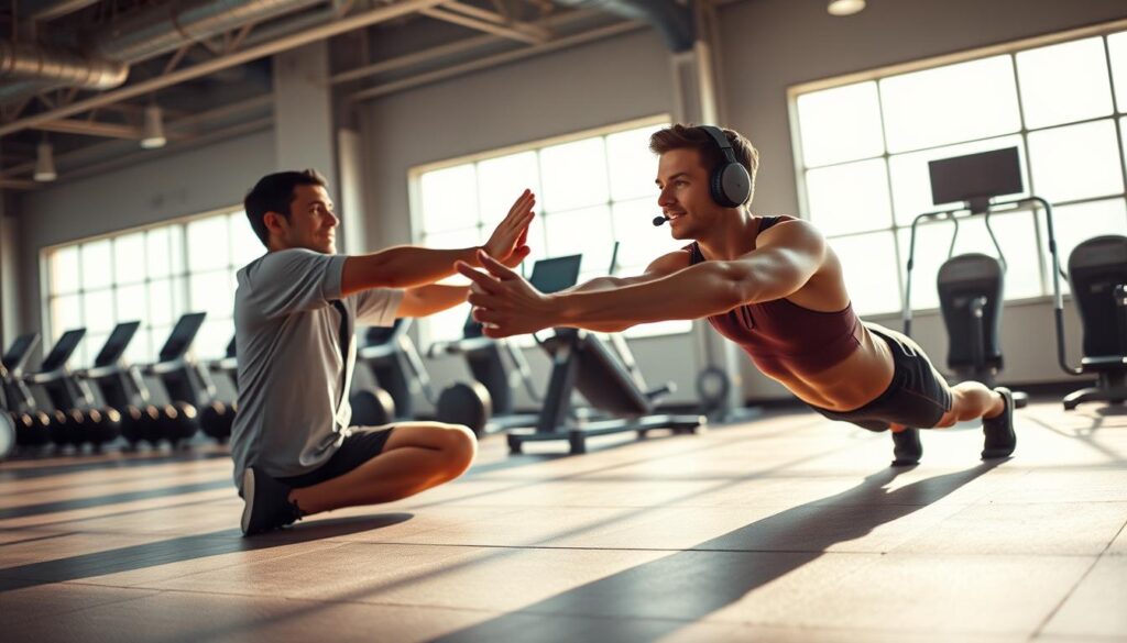A pilot in a well-equipped gym, performing a series of dynamic stretches and core exercises. Vibrant lighting from large windows bathes the scene in a soft, natural glow. In the foreground, the pilot stretches their quadriceps, preparing their legs for the demands of flight. In the middle ground, they execute precise planks and ab crunches, building essential core strength. The background features rows of exercise equipment, hinting at the comprehensive fitness regimen required for the rigors of aviation. The pilot's focused expression conveys the importance of this pre-flight routine, as they meticulously prepare their body for the challenges ahead.