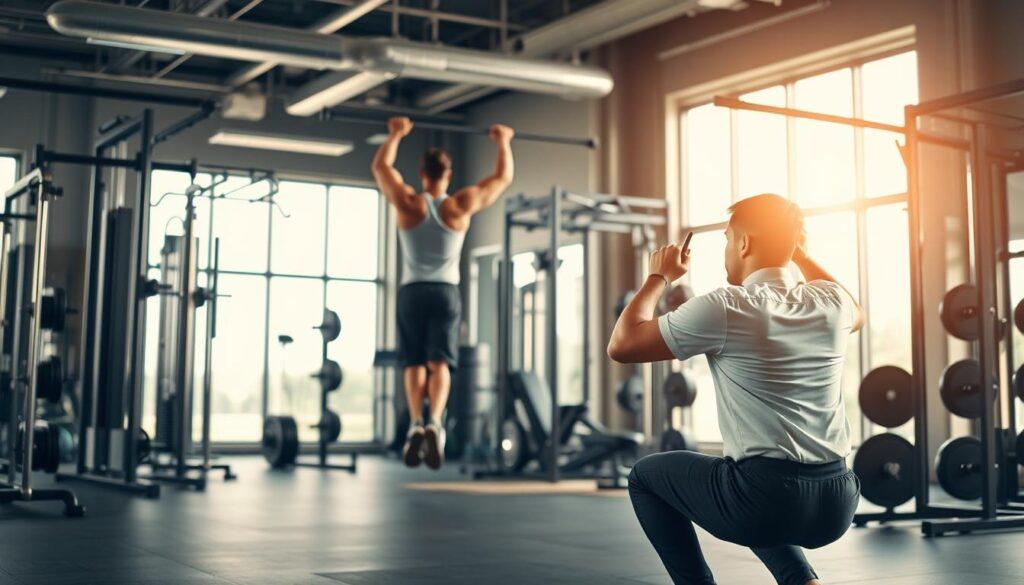 A pilot performing functional fitness exercises in a well-equipped gym. In the foreground, the pilot executes a squat with perfect form, muscles engaged, core braced. Mid-ground, the pilot performs a pull-up, back straight, shoulders retracted. In the background, the gym is filled with modern equipment, free weights, and functional training apparatus, all bathed in warm, natural lighting from large windows. The scene conveys a sense of focus, strength, and dedication to physical readiness for the demands of aviation. A pilot performing functional fitness exercises in a well-equipped gym. In the foreground, the pilot executes a squat with perfect form, muscles engaged, core braced. Mid-ground, the pilot performs a pull-up, back straight, shoulders retracted. In the background, the gym is filled with modern equipment, free weights, and functional training apparatus, all bathed in warm, natural lighting from large windows. The scene conveys a sense of focus, strength, and dedication to physical readiness for the demands of aviation.