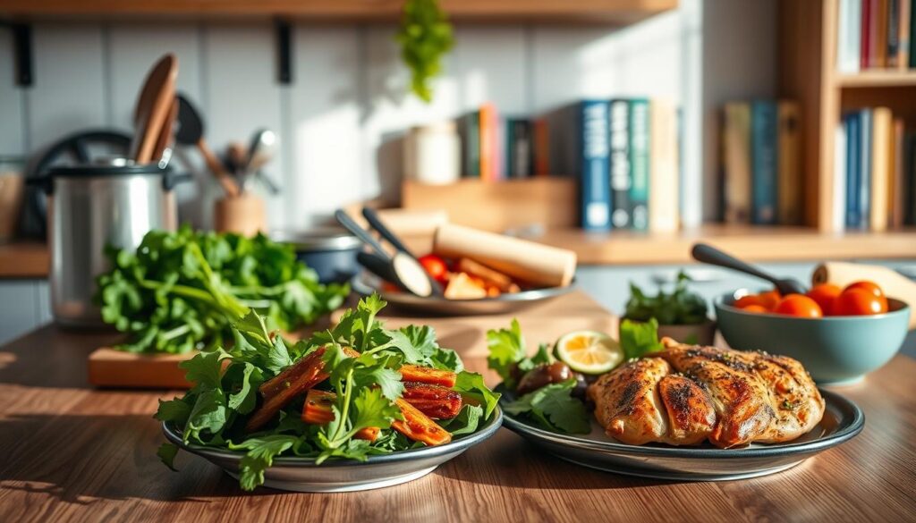 A serene kitchen setting with healthy ingredients and cooking utensils arranged neatly on a wooden countertop. In the foreground, a balanced meal featuring grilled chicken, roasted vegetables, and a leafy green salad. Gentle natural lighting illuminates the scene, casting soft shadows. In the background, a bookshelf displays various nutrition and fitness-related books. The atmosphere conveys a sense of wellness, discipline, and a dedication to fueling the body for peak performance.