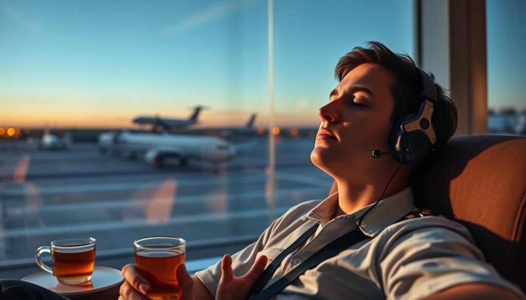 A tranquil scene of a pilot in a comfortable chair, eyes closed, practicing deep breathing exercises. Soft, diffused lighting bathes the scene, creating a serene atmosphere. In the background, a view of a peaceful airport runway at dusk, with the silhouettes of planes taking off and landing. Subtle calming details, such as a cup of herbal tea and a fidget spinner, convey the pilot's efforts to manage stress and maintain focus. The camera angle is close and intimate, capturing the introspective moment and the pilot's determined yet relaxed expression. A tranquil scene of a pilot in a comfortable chair, eyes closed, practicing deep breathing exercises. Soft, diffused lighting bathes the scene, creating a serene atmosphere. In the background, a view of a peaceful airport runway at dusk, with the silhouettes of planes taking off and landing. Subtle calming details, such as a cup of herbal tea and a fidget spinner, convey the pilot's efforts to manage stress and maintain focus. The camera angle is close and intimate, capturing the introspective moment and the pilot's determined yet relaxed expression.