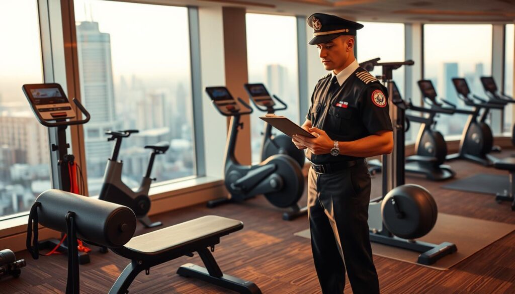 A well-equipped hotel gym with an array of exercise equipment and machines. In the foreground, a pilot in full uniform stands beside a bench press, holding a clipboard and contemplating a workout plan. The middle ground features a stationary bike, resistance bands, and a yoga mat, all neatly arranged. The background reveals large windows overlooking a bustling city skyline, bathed in warm, golden lighting. The scene conveys a sense of determination and efficiency, as the pilot prepares to optimize their layover time for physical recovery and well-being. A well-equipped hotel gym with an array of exercise equipment and machines. In the foreground, a pilot in full uniform stands beside a bench press, holding a clipboard and contemplating a workout plan. The middle ground features a stationary bike, resistance bands, and a yoga mat, all neatly arranged. The background reveals large windows overlooking a bustling city skyline, bathed in warm, golden lighting. The scene conveys a sense of determination and efficiency, as the pilot prepares to optimize their layover time for physical recovery and well-being.