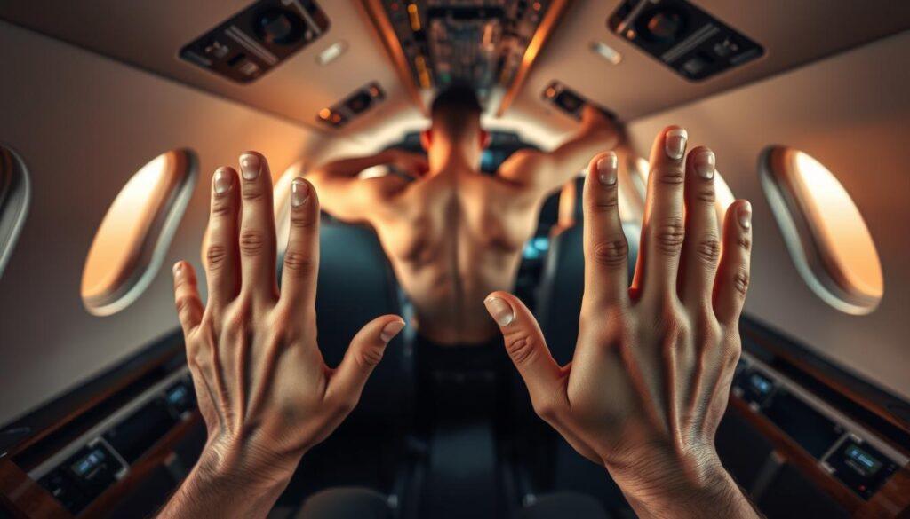 Cockpit of a private jet, bathed in warm, diffuse lighting. In the foreground, a pilot's hands demonstrate a series of gentle stretches and movements, promoting circulation and mobility. The middle ground reveals the pilot's torso, engaged in subtle twists and shoulder rolls, relieving muscle tension. In the background, the aircraft's instruments and controls provide a technological backdrop, underscoring the importance of physical wellbeing for pilots during long flights. The overall atmosphere conveys a sense of calm focus and mindful self-care, empowering the pilot to stay alert and energized throughout the journey. Cockpit of a private jet, bathed in warm, diffuse lighting. In the foreground, a pilot's hands demonstrate a series of gentle stretches and movements, promoting circulation and mobility. The middle ground reveals the pilot's torso, engaged in subtle twists and shoulder rolls, relieving muscle tension. In the background, the aircraft's instruments and controls provide a technological backdrop, underscoring the importance of physical wellbeing for pilots during long flights. The overall atmosphere conveys a sense of calm focus and mindful self-care, empowering the pilot to stay alert and energized throughout the journey.