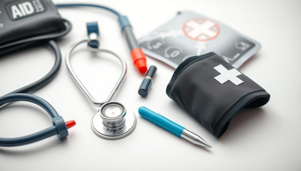 a detailed close-up view of a pilot's health resources including a variety of medical supplies and equipment such as a stethoscope, thermometer, blood pressure cuff, and first aid kit, set against a clean and sterile white background with soft, even lighting to convey a sense of professionalism and care, capturing the essential tools and resources available to support the health and wellbeing of airline pilots a detailed close-up view of a pilot's health resources including a variety of medical supplies and equipment such as a stethoscope, thermometer, blood pressure cuff, and first aid kit, set against a clean and sterile white background with soft, even lighting to convey a sense of professionalism and care, capturing the essential tools and resources available to support the health and wellbeing of airline pilots