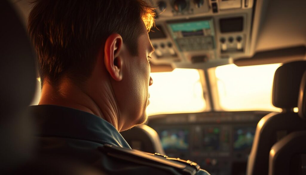 A close-up view of a pilot sitting in the cockpit, experiencing neck pain and discomfort. The foreground showcases the pilot's head and shoulders, with a focused expression and a slight grimace. The middle ground reveals the ergonomic design of the cockpit, with adjustable headrests and seat positioning. The background is dimly lit, emphasizing the intense concentration required during flight. The lighting is warm and slightly hazy, creating a sense of tension and unease. The camera angle is slightly angled, drawing the viewer's attention to the pilot's neck and shoulders, highlighting the need for proper ergonomic support and stretching exercises.