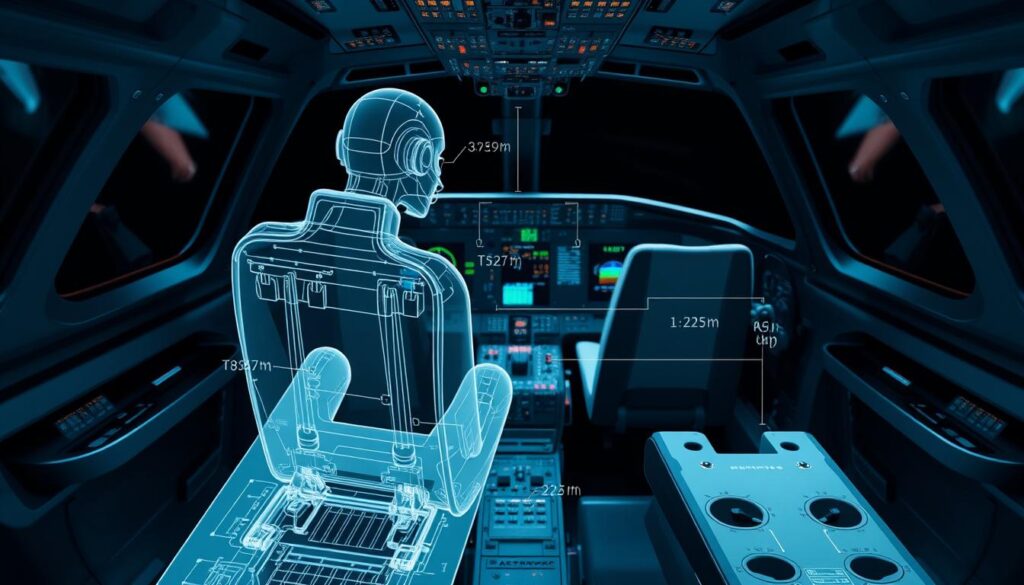A cockpit interior with a detailed ergonomic analysis overlay. The pilot's seat and controls are shown in the foreground, with a transparent wireframe model highlighting key ergonomic considerations such as reach, visibility, and support. The middle ground features technical diagrams and annotated measurements, while the background showcases a sleek, high-tech cockpit design with subtle lighting and reflections. The overall tone is clinical yet visually striking, emphasizing the importance of proper cockpit ergonomics for pilot health and performance.