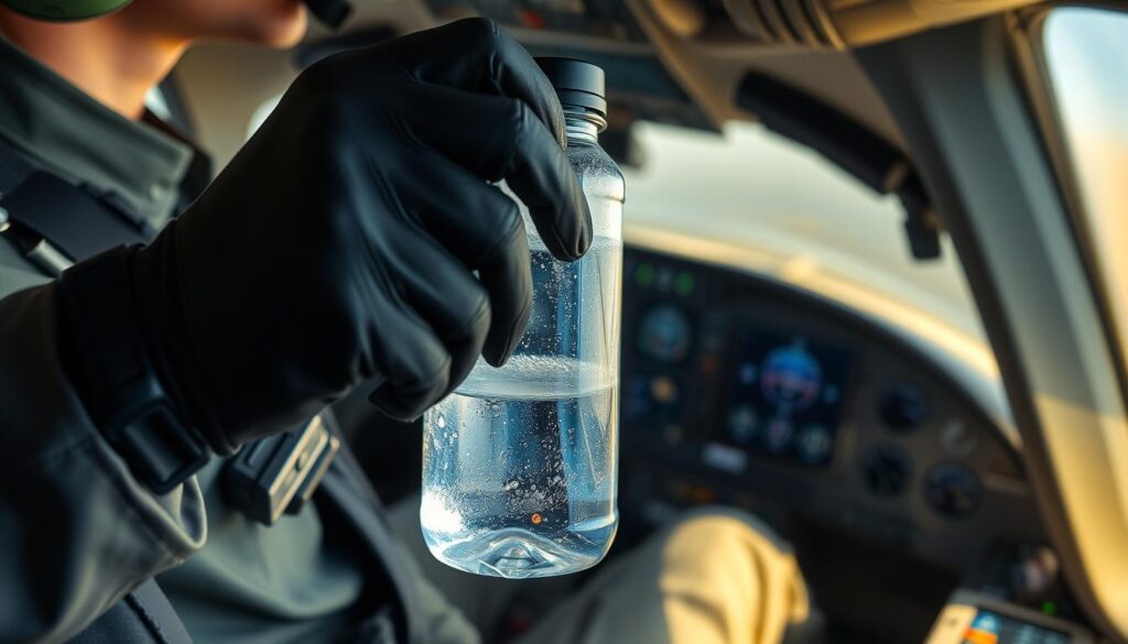A cockpit interior with a pilot hydrating during flight. In the foreground, a pilot's gloved hand holds a reusable water bottle, with condensation on the surface. The middle ground shows the pilot's torso, dressed in a crisp flight suit. The background reveals the instrument panel, bathed in a soft, ambient glow from the cockpit lighting. The scene conveys a sense of focus and dedication, with the pilot mindfully maintaining their hydration levels to ensure peak performance and alertness during the flight.