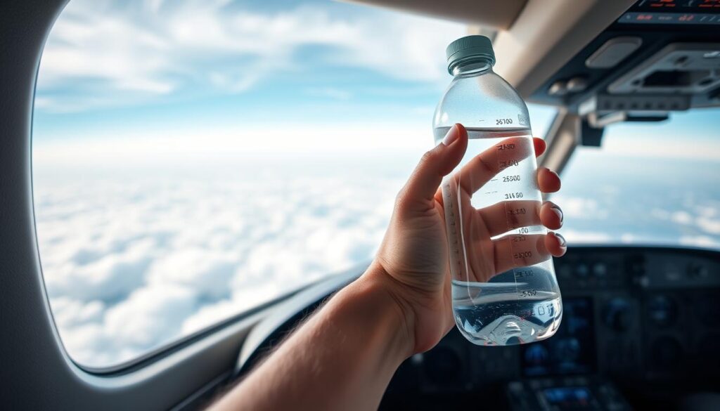 A cockpit interior with a well-lit, minimalistic design. In the foreground, a pilot's hand holding a water bottle, conveying the importance of hydration during flight. The middle ground features a digital cockpit display, showcasing flight data and information. The background depicts a vast, cloud-filled sky, emphasizing the serene yet demanding nature of the pilot's environment. The lighting is soft and natural, casting a calming glow over the scene. The overall composition highlights the pilot's pre-flight and in-flight hydration strategies as a crucial element of their sleep preparation and fatigue management.