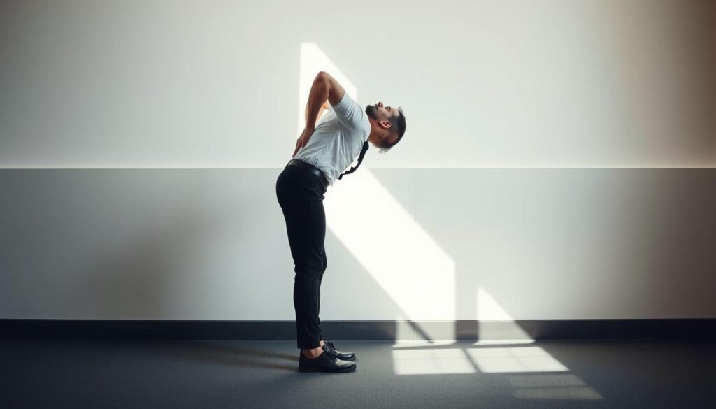 A commercial pilot performing the cat-cow stretch exercise, standing tall with feet shoulder-width apart, hands on lower back, arching their spine up and down in a smooth, controlled motion. Soft, directional lighting from the side creates subtle shadows that accentuate the contours of the body. The scene is captured from a slightly elevated angle, providing a clear view of the exercise form and technique. The background is blurred, maintaining focus on the pilot's torso and upper body movements. The overall mood is one of calm, deliberate motion, showcasing the importance of this stretch for maintaining spinal mobility and back health.