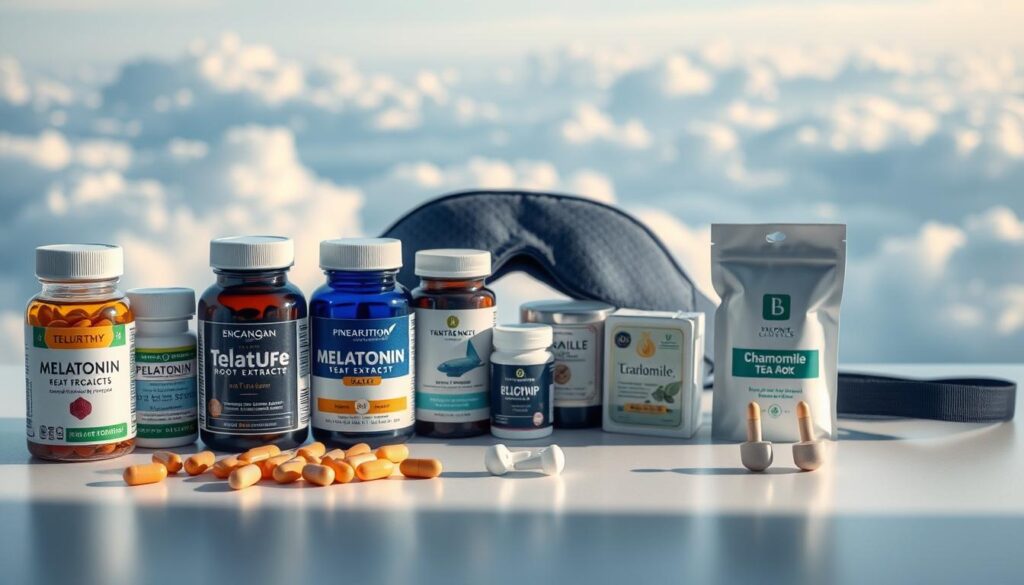 A neatly organized array of sleep-promoting supplements on a clean, minimalist table, bathed in soft, diffused lighting. The foreground features an assortment of melatonin capsules, valerian root extracts, and chamomile tea bags, arranged with precision. In the middle ground, a sleep mask and a pair of earplugs symbolize the essential tools for achieving quality rest. The background showcases a serene, cloud-filled sky, representing the tranquility and safety of the high-altitude environment. The overall composition conveys a sense of calm, wellness, and the importance of optimizing sleep for pilots' health and performance.