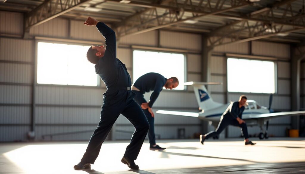 A pilot in a navy flight suit performs a series of dynamic stretches and mobility exercises in a sunlit hangar. In the foreground, the pilot raises one arm overhead, twisting their torso to the side. In the middle ground, they bend at the hips, reaching towards the toes. In the background, the pilot lunges forward, testing the range of motion in their legs. Soft, diffused natural lighting filters in through the hangar's large windows, casting a warm glow on the scene. The pilot's movements are deliberate and focused, preparing their body for the demands of the upcoming flight.