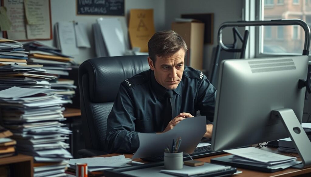A pilot sitting hunched over a desk, squinting at a computer screen, surrounded by stacks of paperwork and cluttered with disorganized office supplies. The lighting is harsh, casting unflattering shadows on their fatigued face. In the background, exercise equipment gathers dust, neglected. The scene conveys a sense of lethargy, poor posture, and a lack of self-care habits that can lead to musculoskeletal issues and diminished well-being for pilots.