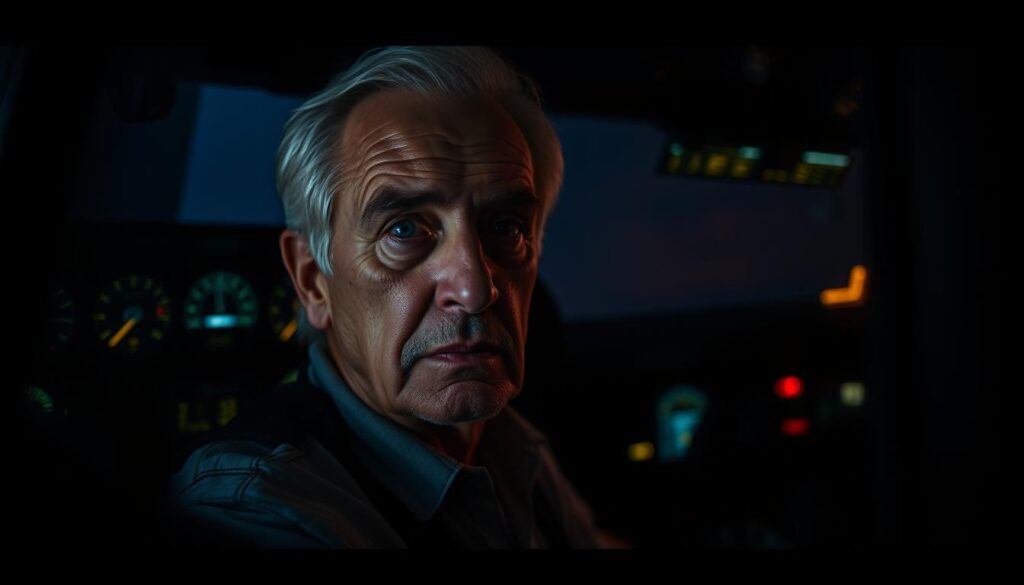 A seasoned pilot in their twilight years, sitting in a dimly lit cockpit, their face illuminated by the soft glow of the instrument panel. The cockpit is meticulously organized, with a sense of order and discipline. The pilot's expression is contemplative, a hint of fatigue, yet a determined focus in their eyes. The scene is captured with a cinematic, low-angle lens, conveying a sense of gravitas and the weight of experience. The atmosphere is one of quiet reflection, the pilot's circadian rhythm a testament to their lifelong dedication to the skies.