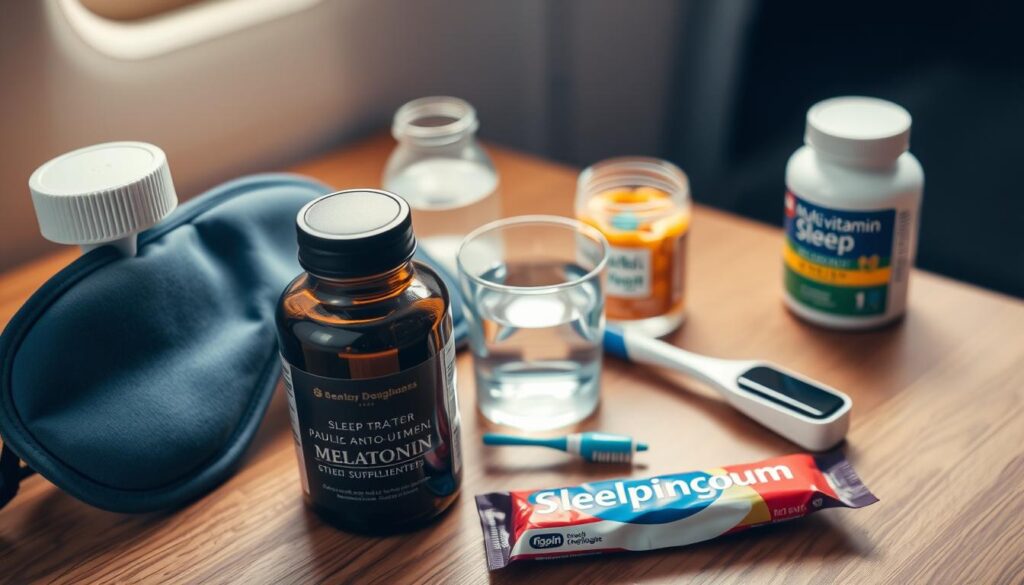 A still life arrangement featuring an assortment of sleep aids and dental health products on a wooden surface. In the foreground, a bottle of melatonin supplements, a sleep mask, and a pack of chewing gum. In the middle ground, a toothbrush, toothpaste, and a small glass of water. In the background, a bottle of multivitamins and a sleep tracker device. The lighting is soft and warm, creating a calming, serene atmosphere. The angle is slightly elevated, giving a birds-eye view of the composition. The image conveys the idea of maintaining overall health and wellness, particularly for pilots who may struggle with sleep disruptions and dental issues due to their demanding schedules.