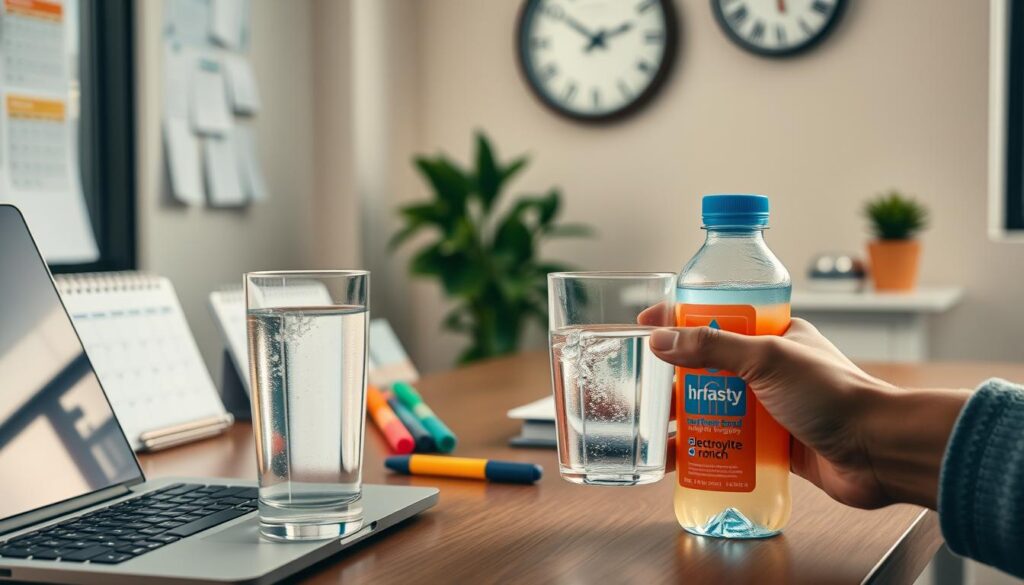 A well-lit office setting, a desk with a laptop, a glass of water, and a bottle of electrolyte-rich hydration drink. In the foreground, a hand reaching for the water glass, emphasizing the importance of staying hydrated during long work shifts. The middle ground features a calendar, highlighters, and a notepad, hinting at the demands of shift work. The background showcases a wall-mounted clock and a window, suggesting the passing of time and the need to maintain optimal hydration throughout the day. Soft, warm lighting creates a calming, focused atmosphere, encouraging the viewer to consider their own hydration habits during long or irregular work hours.