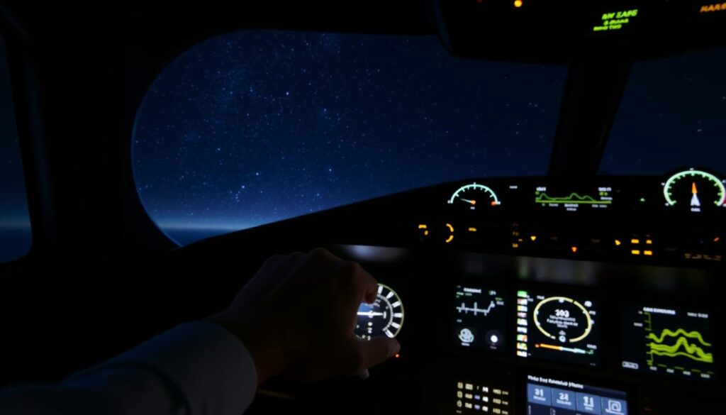 Circadian rhythm pilot wellness: a serene, dimly lit cockpit, bathed in the soft glow of instrument panels. In the foreground, a pilot's hand rests on the controls, conveying a sense of calm focus. The middle ground features a large, curved window revealing a starry night sky, hinting at the disorienting effects of jet lag. In the background, a minimalist dashboard displays vital stats monitoring the pilot's hydration and sleep cycles. An atmosphere of quiet contemplation, underscoring the importance of maintaining wellness during demanding shift work.