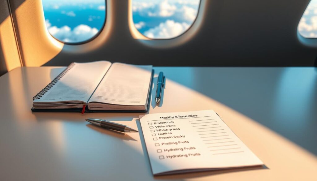 A crisp, clean-lined desk with a pilot's logbook, a pen, and a carefully organized checklist of healthy snack items. Soft, warm lighting casts a cozy glow, while a large window in the background offers a glimpse of a blue sky and puffy clouds, hinting at the journey ahead. The checklist features neatly printed categories like "Protein-rich", "Whole Grains", and "Hydrating Fruits", with space to tick off each item. The overall scene conveys a sense of preparedness, attention to detail, and a mindful approach to fueling the body for the demands of flight. A crisp, clean-lined desk with a pilot's logbook, a pen, and a carefully organized checklist of healthy snack items. Soft, warm lighting casts a cozy glow, while a large window in the background offers a glimpse of a blue sky and puffy clouds, hinting at the journey ahead. The checklist features neatly printed categories like "Protein-rich", "Whole Grains", and "Hydrating Fruits", with space to tick off each item. The overall scene conveys a sense of preparedness, attention to detail, and a mindful approach to fueling the body for the demands of flight.