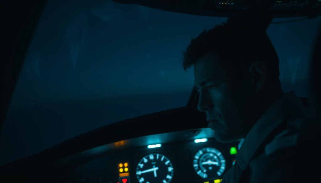 A pilot's cockpit at night, illuminated by the soft glow of instruments and navigation lights. The pilot's face is weary, their eyes heavy with fatigue as they struggle to maintain focus. The cabin is bathed in an eerie blue-green hue, creating a disorienting atmosphere. In the background, the dark expanse of the sky is punctuated by the occasional blinking of distant stars, a reminder of the disconnect between the pilot's internal clock and the external environment. The scene conveys the sense of circadian disruption, where the body's natural rhythms are thrown out of sync with the demands of the flight schedule. A pilot's cockpit at night, illuminated by the soft glow of instruments and navigation lights. The pilot's face is weary, their eyes heavy with fatigue as they struggle to maintain focus. The cabin is bathed in an eerie blue-green hue, creating a disorienting atmosphere. In the background, the dark expanse of the sky is punctuated by the occasional blinking of distant stars, a reminder of the disconnect between the pilot's internal clock and the external environment. The scene conveys the sense of circadian disruption, where the body's natural rhythms are thrown out of sync with the demands of the flight schedule.