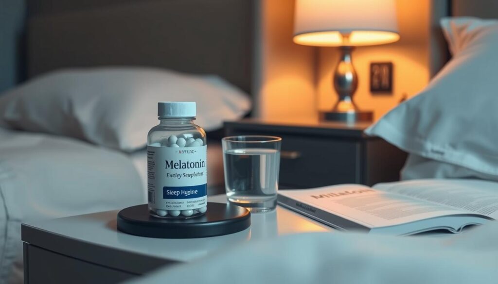 A serene bedside table in a pilot's bedroom, softly lit by a warm lamp. On the table, a bottle of melatonin supplements, a glass of water, and a book on sleep hygiene. The room is cozy and inviting, with muted tones and clean lines, creating a calming atmosphere conducive to natural, restful sleep. The overall scene conveys the importance of responsible use of sleep aids and the adoption of healthy sleep habits for pilots, in line with the article's focus on melatonin use and guidelines.
