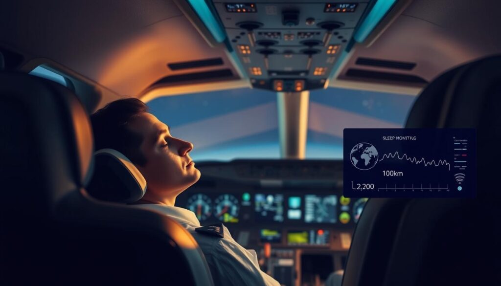 A serene cockpit interior with a pilot resting comfortably in the captain's chair. Soft, indirect lighting casts a warm, soothing glow, creating a relaxed atmosphere. In the foreground, an ergonomic headrest and adjustable lumbar support provide optimal neck and back support. The pilot's eyes are gently closed, their breathing steady and peaceful. In the middle ground, a high-tech sleep monitoring system displays vital signs and sleep cycle data, ensuring the pilot's well-being. The background features sleek, minimalist instrument panels and a panoramic windshield, offering a tranquil view of the night sky.