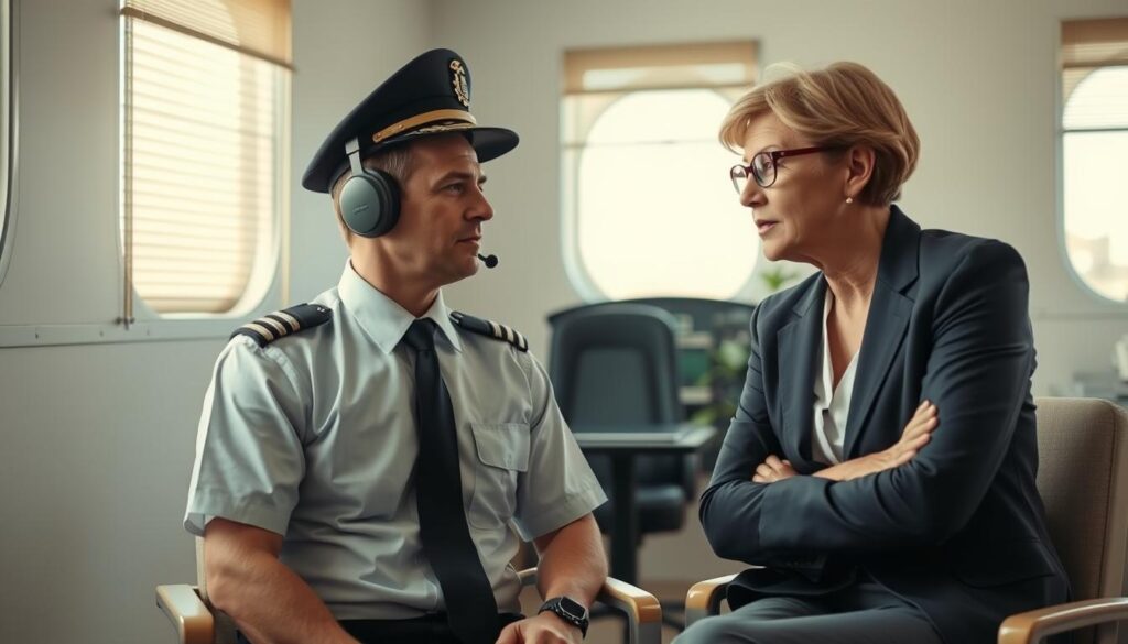 A serene, well-lit medical office setting with a pilot and an aviation mental health professional engaged in a thoughtful discussion. The pilot, wearing a crisp uniform, appears visibly stressed, while the mental health expert, dressed in professional attire, leans forward with a compassionate expression, offering guidance and support. Soft, natural lighting filters through the windows, creating a calming atmosphere. The room is tastefully furnished with neutral tones and clean lines, conveying a sense of professionalism and care. The overall mood is one of understanding and a willingness to address the mental health challenges faced by high-pressure aviation professionals.
