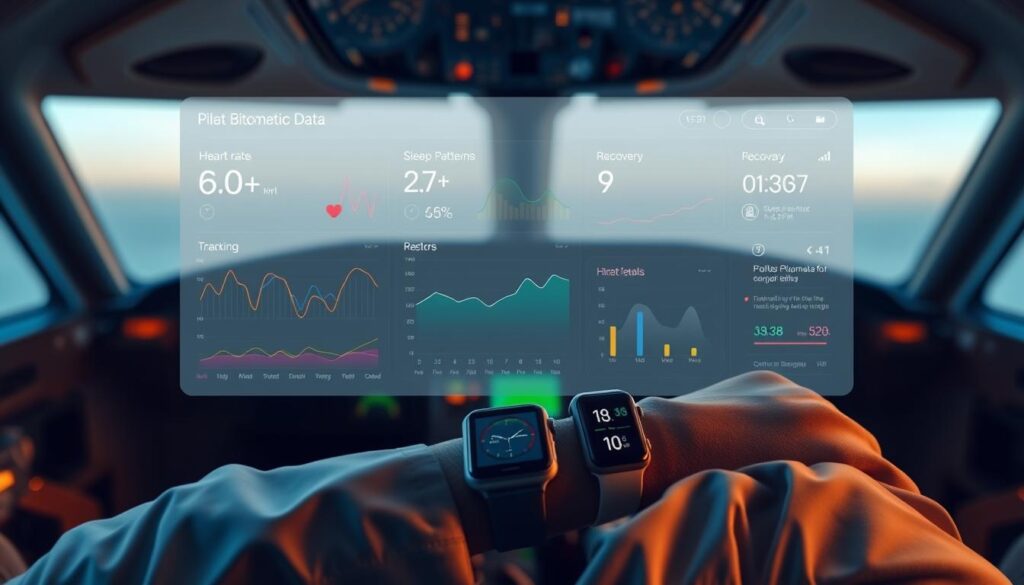 A sleek and intuitive dashboard display showcasing real-time biometric data from a pilot's wellness wearables. In the foreground, a minimalist interface with interactive graphs, charts, and icons tracking heart rate, sleep patterns, stress levels, and recovery metrics. The middle ground features a trio of smartwatches and fitness trackers in muted tones, seamlessly integrated into the pilot's uniform. The background is a softly blurred cockpit view, conveying a sense of focus and professionalism. Warm, muted lighting and a clean, high-tech aesthetic create a calming, wellness-oriented atmosphere, perfectly suited to monitor a pilot's recovery and wellbeing. A sleek and intuitive dashboard display showcasing real-time biometric data from a pilot's wellness wearables. In the foreground, a minimalist interface with interactive graphs, charts, and icons tracking heart rate, sleep patterns, stress levels, and recovery metrics. The middle ground features a trio of smartwatches and fitness trackers in muted tones, seamlessly integrated into the pilot's uniform. The background is a softly blurred cockpit view, conveying a sense of focus and professionalism. Warm, muted lighting and a clean, high-tech aesthetic create a calming, wellness-oriented atmosphere, perfectly suited to monitor a pilot's recovery and wellbeing.