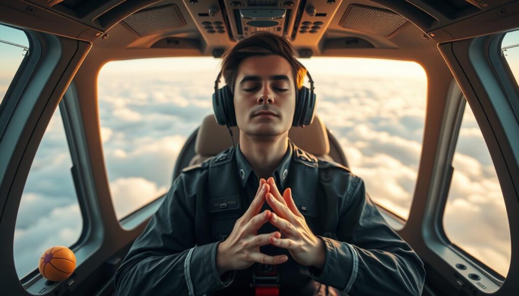A tranquil cockpit interior with a pilot practicing mindfulness techniques. The foreground features a pilot in a flight suit sitting calmly, eyes closed, hands in a meditative pose. The middle ground showcases simple stress relief tools like a stress ball, essential oil diffuser, and a mindfulness journal. The background depicts a serene, cloud-filled sky visible through the cockpit windows, bathed in warm, diffused lighting, creating a calming, introspective atmosphere. Technical details include a wide-angle lens and a slightly low camera angle to emphasize the spaciousness of the cockpit environment.