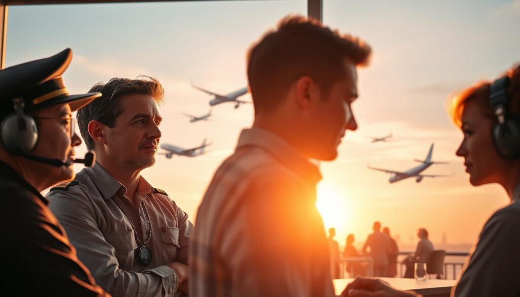 A tranquil scene of mental health professionals in the aviation industry, bathed in warm, natural lighting. In the foreground, a pilot and air traffic controller engage in a thoughtful discussion, their expressions conveying empathy and understanding. In the middle ground, a group of airline employees gather around a table, sharing experiences and offering support. In the background, the silhouettes of aircraft take flight against a serene, pastel-hued sky, symbolizing the importance of mental wellness for those who keep the skies safe. The overall atmosphere exudes a sense of care, community, and the commitment to prioritizing the well-being of those who serve in the aviation sector. A tranquil scene of mental health professionals in the aviation industry, bathed in warm, natural lighting. In the foreground, a pilot and air traffic controller engage in a thoughtful discussion, their expressions conveying empathy and understanding. In the middle ground, a group of airline employees gather around a table, sharing experiences and offering support. In the background, the silhouettes of aircraft take flight against a serene, pastel-hued sky, symbolizing the importance of mental wellness for those who keep the skies safe. The overall atmosphere exudes a sense of care, community, and the commitment to prioritizing the well-being of those who serve in the aviation sector.