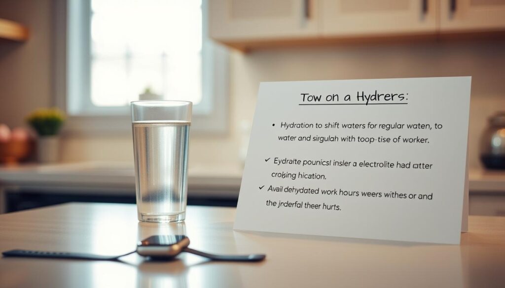 A well-lit kitchen counter with a glass of water, a hydration-tracking smartwatch, and a note listing hydration tips for shift workers. The scene has a calming, minimalist aesthetic with soft, warm lighting. The tips emphasize the importance of regular water intake, electrolyte replenishment, and avoiding dehydrating beverages during irregular work hours. The overall mood conveys a sense of thoughtful self-care and wellness amidst the challenges of shift work.
