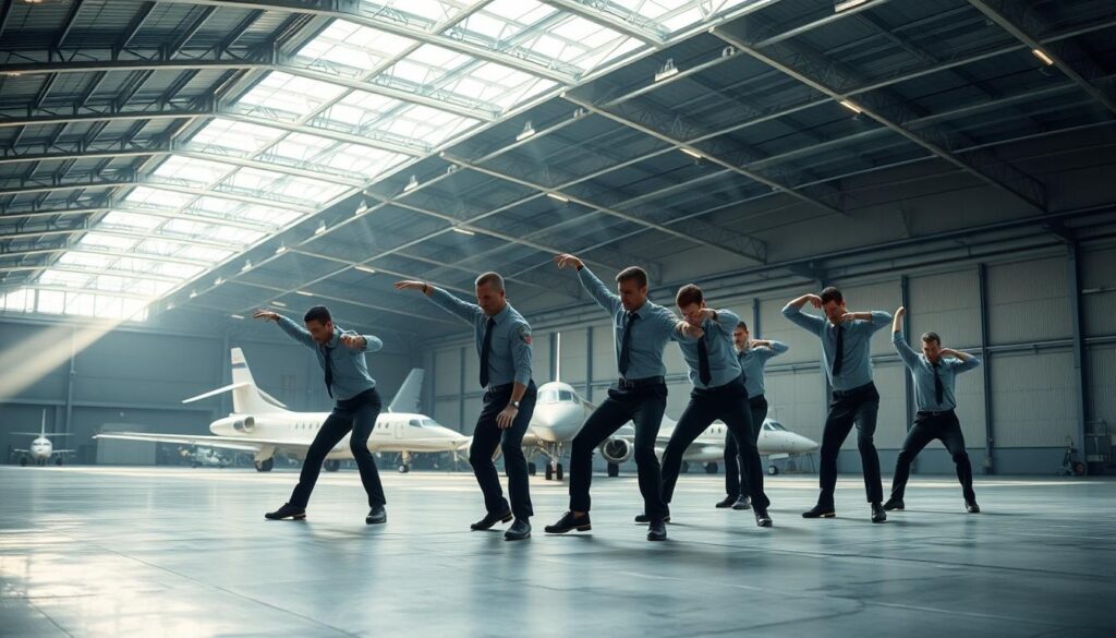 A well-lit, spacious aeronautical hangar with high ceilings and sleek, industrial aesthetic. In the foreground, a group of pilots performs a series of dynamic mobility exercises, their uniforms crisp and their movements precise. Subtle beams of light pierce through the hangar, casting a warm, focused glow on the pilots as they stretch, twist, and flex their bodies, preparing for their next flight. The middle ground features several state-of-the-art aircraft, their metallic surfaces gleaming, while the background showcases the sweeping, architectural curves of the hangar structure, creating a sense of scale and context. The overall atmosphere is one of professionalism, efficiency, and the importance of maintaining physical readiness in the aviation industry.