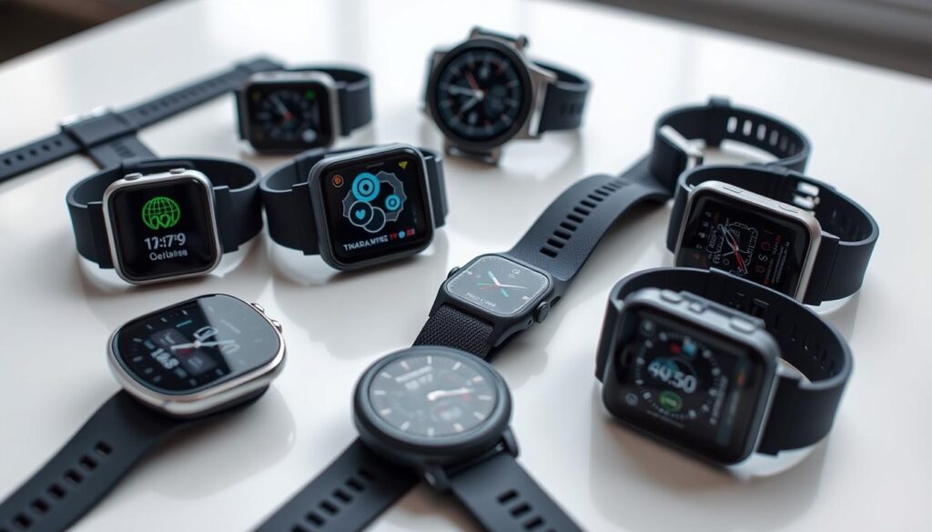 A close-up view of a variety of high-tech fitness trackers and smartwatches designed specifically for pilots. The devices are arranged on a clean, minimalist surface, with a sleek, modern aesthetic. The trackers feature intuitive touchscreens, durable aerospace-grade materials, and specialized aviation-focused metrics and analytics. The lighting is soft and diffused, creating a sense of professionalism and precision. The angle is slightly elevated, highlighting the technical details and capabilities of the fitness wearables, conveying their suitability for the demanding needs of modern pilots.