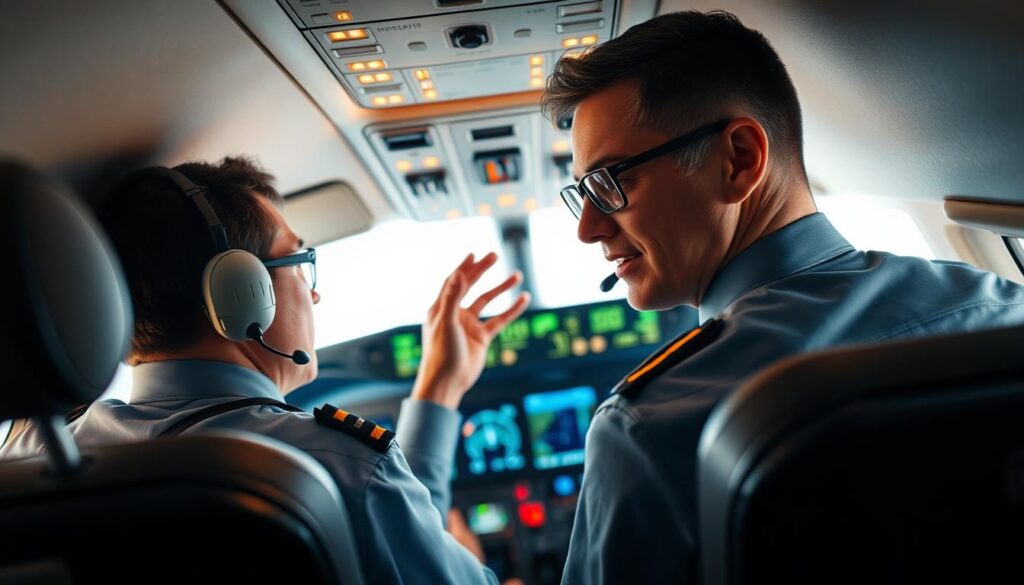 A close-up view of two pilots in the cockpit of a commercial aircraft, focused intently on their instruments and communication panels. The cabin is bathed in a warm, amber glow from the overhead lights, creating a contemplative atmosphere. One pilot is gesturing animatedly while the other listens attentively, their expressions conveying the nuanced exchange of information and strategies essential for maintaining clear, effective communication during long-distance flights. The scene captures the delicate balance of technology and human interaction that allows pilots to safely navigate the skies and foster a sense of camaraderie and professionalism, even at 30,000 feet. A close-up view of two pilots in the cockpit of a commercial aircraft, focused intently on their instruments and communication panels. The cabin is bathed in a warm, amber glow from the overhead lights, creating a contemplative atmosphere. One pilot is gesturing animatedly while the other listens attentively, their expressions conveying the nuanced exchange of information and strategies essential for maintaining clear, effective communication during long-distance flights. The scene captures the delicate balance of technology and human interaction that allows pilots to safely navigate the skies and foster a sense of camaraderie and professionalism, even at 30,000 feet.