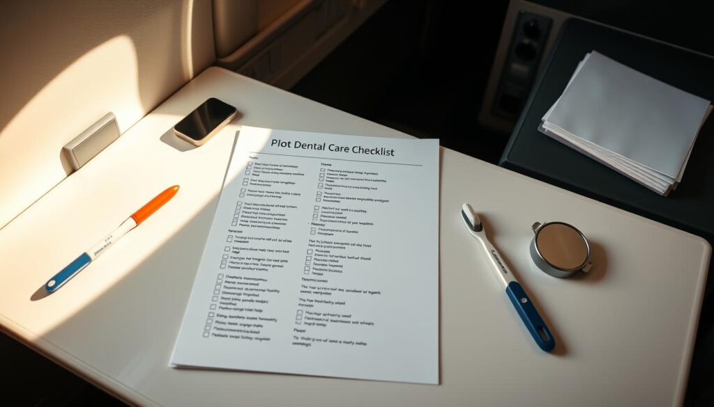 A pristine, well-organized desk in a professional aviation setting, featuring a detailed "Pilot Dental Care Checklist" document prominently displayed. The checklist is neatly arranged with checkboxes, bullet points, and clear, legible text. Surrounding the document are various dental hygiene tools, such as a toothbrush, toothpaste, floss, and a small dental mirror, all meticulously positioned. The lighting is warm and natural, accentuating the clean, organized atmosphere. The camera angle is slightly elevated, giving a comprehensive view of the desk setup, conveying a sense of order and attention to detail essential for pre-flight dental care. A pristine, well-organized desk in a professional aviation setting, featuring a detailed "Pilot Dental Care Checklist" document prominently displayed. The checklist is neatly arranged with checkboxes, bullet points, and clear, legible text. Surrounding the document are various dental hygiene tools, such as a toothbrush, toothpaste, floss, and a small dental mirror, all meticulously positioned. The lighting is warm and natural, accentuating the clean, organized atmosphere. The camera angle is slightly elevated, giving a comprehensive view of the desk setup, conveying a sense of order and attention to detail essential for pre-flight dental care.