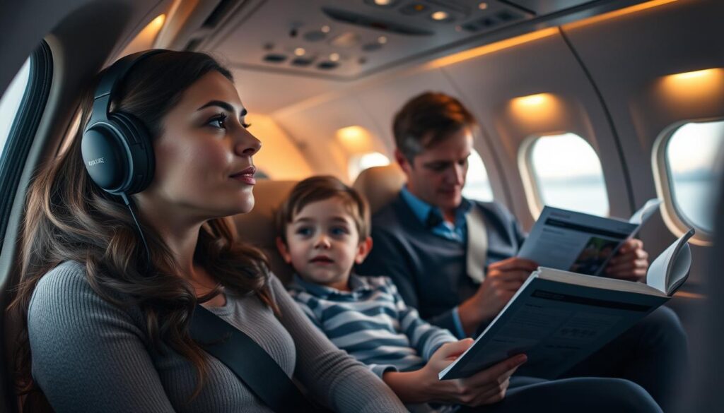 A serene family seated together in a cozy aircraft cabin, their faces illuminated by warm cabin lighting. In the foreground, a pilot mother and her child gazing out the window, sharing a moment of wonder and connection. In the middle ground, a father reading a magazine, his body language relaxed and attentive. The background features the aircraft's interior details, muted and blurred, creating a sense of intimacy and focus on the family's interactions. The overall atmosphere conveys a feeling of harmony, safety, and the importance of nurturing family bonds, even at high altitudes. A serene family seated together in a cozy aircraft cabin, their faces illuminated by warm cabin lighting. In the foreground, a pilot mother and her child gazing out the window, sharing a moment of wonder and connection. In the middle ground, a father reading a magazine, his body language relaxed and attentive. The background features the aircraft's interior details, muted and blurred, creating a sense of intimacy and focus on the family's interactions. The overall atmosphere conveys a feeling of harmony, safety, and the importance of nurturing family bonds, even at high altitudes.