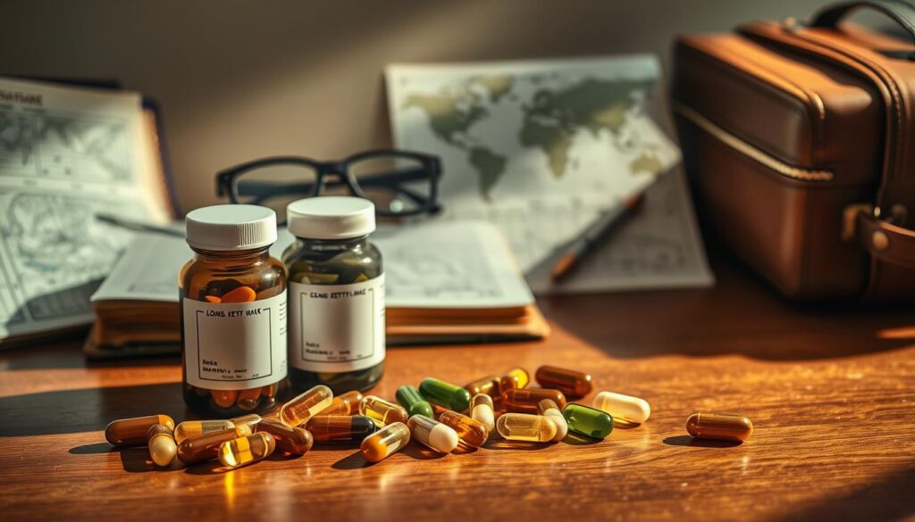 A still life composition depicting jet lag supplements for pilots. In the foreground, an assortment of vitamin and herbal capsules, arranged neatly on a polished wood surface. Midfground, a pilot's logbook, navigation charts, and a travel-worn suitcase, suggesting the busy, jet-setting lifestyle. Soft, directional lighting casts warm shadows, creating a contemplative atmosphere. The image conveys the idea of using scientifically-backed supplements to combat the fatigue and disorientation of frequent time zone changes, essential for pilots maintaining peak performance. A still life composition depicting jet lag supplements for pilots. In the foreground, an assortment of vitamin and herbal capsules, arranged neatly on a polished wood surface. Midfground, a pilot's logbook, navigation charts, and a travel-worn suitcase, suggesting the busy, jet-setting lifestyle. Soft, directional lighting casts warm shadows, creating a contemplative atmosphere. The image conveys the idea of using scientifically-backed supplements to combat the fatigue and disorientation of frequent time zone changes, essential for pilots maintaining peak performance.