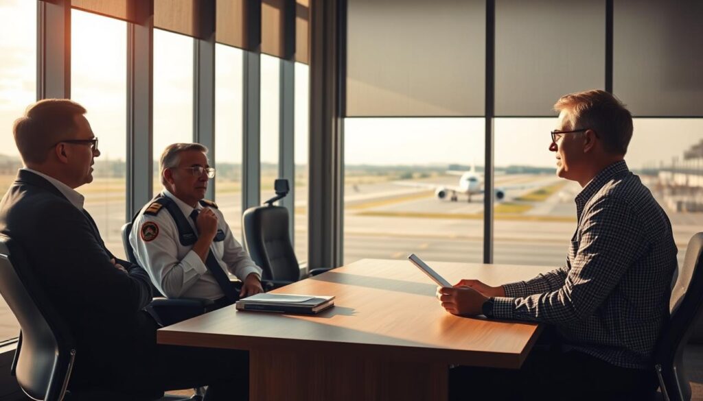 A tranquil office setting, with an expansive window overlooking a sun-dappled airfield. Seated at a wooden desk, three aviation professionals - a pilot, an air traffic controller, and an aerospace engineer - engage in a thoughtful discussion. Soft natural lighting filters in, casting a warm glow on their faces as they share personal experiences and insights into the unique mental health challenges faced by those in the aviation industry. The scene conveys a sense of openness, empathy, and a shared commitment to supporting one another's wellbeing. The overall atmosphere is one of thoughtful introspection and a desire to address the often-overlooked mental health needs of those who keep our skies safe. A tranquil office setting, with an expansive window overlooking a sun-dappled airfield. Seated at a wooden desk, three aviation professionals - a pilot, an air traffic controller, and an aerospace engineer - engage in a thoughtful discussion. Soft natural lighting filters in, casting a warm glow on their faces as they share personal experiences and insights into the unique mental health challenges faced by those in the aviation industry. The scene conveys a sense of openness, empathy, and a shared commitment to supporting one another's wellbeing. The overall atmosphere is one of thoughtful introspection and a desire to address the often-overlooked mental health needs of those who keep our skies safe.