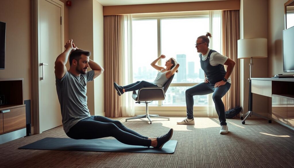 A well-equipped hotel room with natural lighting, showcasing a pilot performing a series of functional exercises on a yoga mat. In the middle ground, another pilot demonstrates bodyweight movements using a chair as support. In the background, a window overlooks the cityscape, conveying a sense of being on the road. The pilots wear athleisure attire in muted tones, their expressions focused and determined, representing the adaptability and discipline required for maintaining a healthy routine while traveling for work. A well-equipped hotel room with natural lighting, showcasing a pilot performing a series of functional exercises on a yoga mat. In the middle ground, another pilot demonstrates bodyweight movements using a chair as support. In the background, a window overlooks the cityscape, conveying a sense of being on the road. The pilots wear athleisure attire in muted tones, their expressions focused and determined, representing the adaptability and discipline required for maintaining a healthy routine while traveling for work.