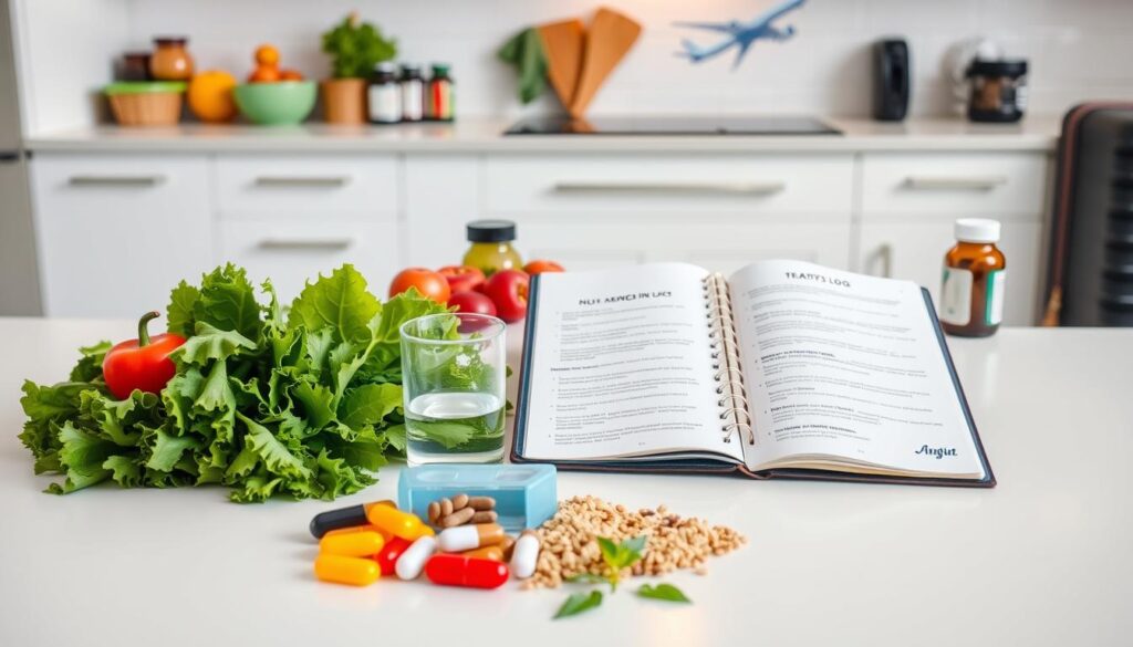 A well-lit kitchen counter, crisp white backdrop. In the foreground, an assortment of wholesome, nutrient-dense foods - leafy greens, fresh fruit, whole grains, and a glass of water. Beside them, a travel-sized pill organizer and supplement bottles, symbolizing a comprehensive vitamin regimen. In the middle ground, a pilot's logbook open to a page discussing hydration and in-flight snack recommendations. The background features airline-themed elements, such as a boarding pass and a small suitcase, conveying the on-the-go lifestyle of frequent flyers. The overall scene radiates a sense of health, wellness, and preparation, capturing the essence of "Vitamins, Hydration, and Nutrition Tips" for air travel. A well-lit kitchen counter, crisp white backdrop. In the foreground, an assortment of wholesome, nutrient-dense foods - leafy greens, fresh fruit, whole grains, and a glass of water. Beside them, a travel-sized pill organizer and supplement bottles, symbolizing a comprehensive vitamin regimen. In the middle ground, a pilot's logbook open to a page discussing hydration and in-flight snack recommendations. The background features airline-themed elements, such as a boarding pass and a small suitcase, conveying the on-the-go lifestyle of frequent flyers. The overall scene radiates a sense of health, wellness, and preparation, capturing the essence of "Vitamins, Hydration, and Nutrition Tips" for air travel.