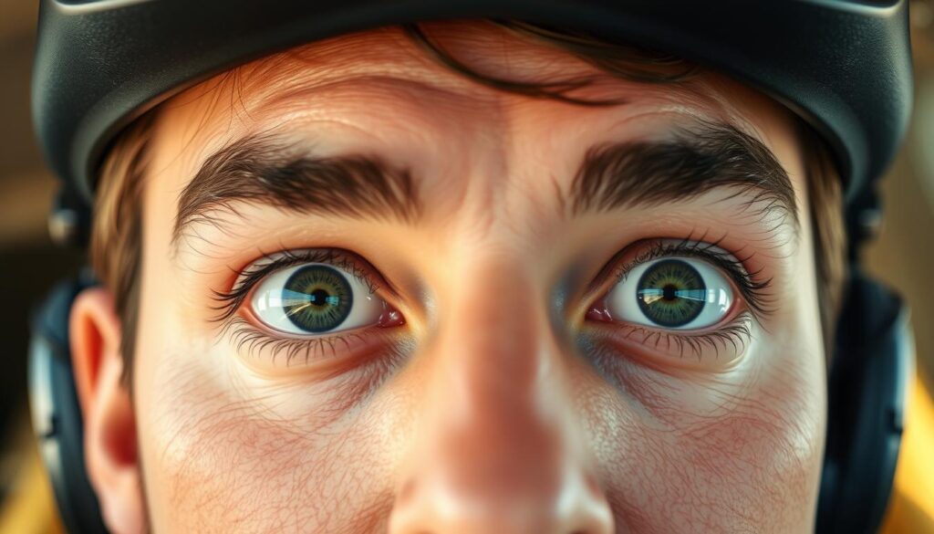a photo of a pilot's eyes undergoing various eye exercises against a blurred background of an aircraft cockpit. the pilot's face is in close-up, with the eyes taking up the majority of the frame. the eyes are wide open, gazing intently, as the pilot performs a series of focused eye movements such as tracking a moving object, shifting their gaze between different points, and exercising the peripheral vision. soft, warm lighting illuminates the pilot's face, creating a sense of concentration and intensity. the background is slightly out of focus, hinting at the aviation setting, but without distracting from the main subject of the eyes and the eye exercises.