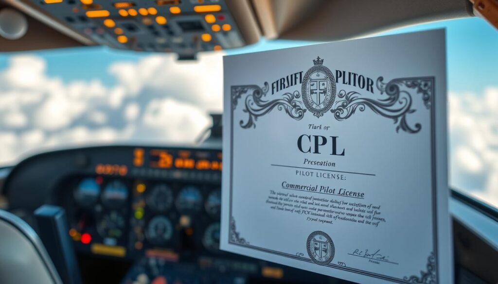 A beautifully detailed depiction of a Commercial Pilot License (CPL) certificate prominently displayed in the foreground, showcasing intricate design elements such as embossed seals and elegant typography. Behind the certificate, a softly blurred image of an aircraft cockpit filled with dials, gauges, and glowing control lights, representing the operational environment of commercial aviation. The background features a bright, blue sky with fluffy white clouds, hinting at the vastness of flight. The lighting is natural, with a soft focus effect to emphasize the certificate in the foreground while still capturing the essence of aviation. The mood is aspirational and professional, reflecting the importance of achieving this milestone in a pilot's career. No text, logos, or watermarks present.