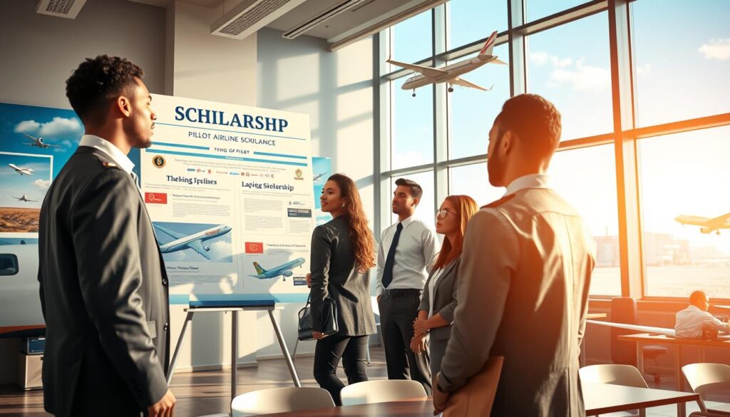 A bright and inspiring scene showcasing an airline pilot scholarship vision. In the foreground, a young diverse group of aspiring pilots, dressed in professional business attire, are attentively listening to a mentor, who stands near a large, inviting display board adorned with scholarship information and airline logos. In the middle ground, a sunlit classroom with large windows showcases aviation-themed posters and models of planes, creating an educational atmosphere. The background features a bright blue sky and clouds, symbolizing dreams of flight. The mood is uplifting and hopeful, emphasizing opportunity and education. The lighting is warm and natural, enhancing the motivational ambiance, captured with a slight angle, focusing closely on the engaged students.