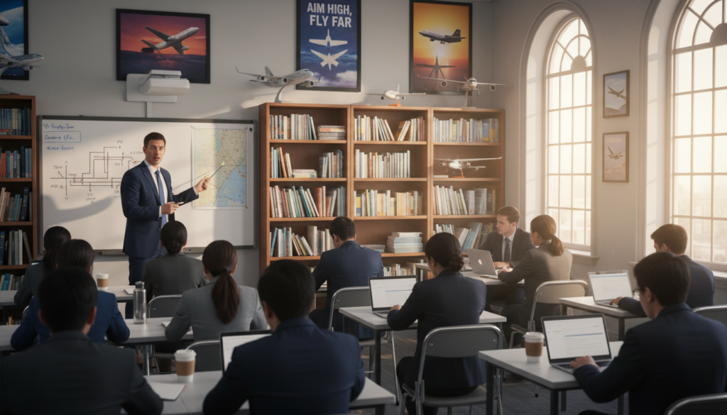 A busy ground school classroom for aspiring pilots, featuring an instructor at the front explaining aviation topics to a group of attentive students. The foreground shows a diverse group of students, men and women of various ethnicities, dressed in professional business attire, taking notes on their laptops and papers. In the middle, a large whiteboard filled with diagrams of aircraft systems and navigation charts. The background showcases aviation bookshelves filled with textbooks and model airplanes. Bright, natural lighting comes from large windows, casting a warm glow on the classroom. The atmosphere is focused and energetic, reflecting a serious yet supportive learning environment, with motivational aviation posters adorning the walls. A busy ground school classroom for aspiring pilots, featuring an instructor at the front explaining aviation topics to a group of attentive students. The foreground shows a diverse group of students, men and women of various ethnicities, dressed in professional business attire, taking notes on their laptops and papers. In the middle, a large whiteboard filled with diagrams of aircraft systems and navigation charts. The background showcases aviation bookshelves filled with textbooks and model airplanes. Bright, natural lighting comes from large windows, casting a warm glow on the classroom. The atmosphere is focused and energetic, reflecting a serious yet supportive learning environment, with motivational aviation posters adorning the walls.