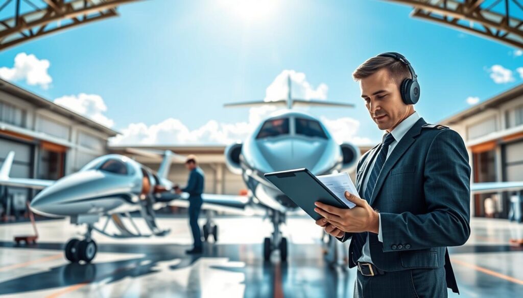 A captivating scene depicting the essence of corporate aviation careers, with a foreground featuring a focused pilot in professional business attire, standing confidently in front of a sleek, modern business jet. The pilot is examining flight plans on a digital tablet, showcasing their dedication and attention to detail. In the middle ground, a well-equipped airport hangar reveals aviation mechanics working meticulously, highlighting the teamwork involved in business aviation. The background features a bright blue sky, with a few fluffy white clouds and sunshine pouring in, creating an optimistic atmosphere. The overall lighting should be bright and inviting, with a focus on the pilot, creating an inspiring mood that reflects both the benefits and challenges of a corporate pilot career. A captivating scene depicting the essence of corporate aviation careers, with a foreground featuring a focused pilot in professional business attire, standing confidently in front of a sleek, modern business jet. The pilot is examining flight plans on a digital tablet, showcasing their dedication and attention to detail. In the middle ground, a well-equipped airport hangar reveals aviation mechanics working meticulously, highlighting the teamwork involved in business aviation. The background features a bright blue sky, with a few fluffy white clouds and sunshine pouring in, creating an optimistic atmosphere. The overall lighting should be bright and inviting, with a focus on the pilot, creating an inspiring mood that reflects both the benefits and challenges of a corporate pilot career.