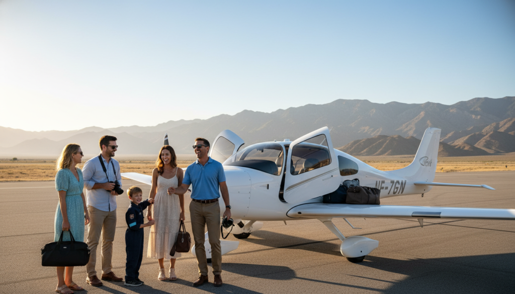 A cheerful scene depicting a private pilot preparing for a flight with friends and family. In the foreground, the pilot, dressed in a smart casual outfit, is engaging with a small group of diverse passengers, all smiling and excited. The middle layer showcases a small, sleek light aircraft parked on a runway, with its door open invitingly, suggesting a friendly atmosphere. In the background, a clear blue sky contrasts with distant mountains, enhanced by warm, golden sunlight illuminating the scene, creating a sense of adventure and camaraderie. The angle is slightly elevated, capturing the entire setup from a dynamic perspective, inspiring feelings of freedom and joy associated with flying together. A cheerful scene depicting a private pilot preparing for a flight with friends and family. In the foreground, the pilot, dressed in a smart casual outfit, is engaging with a small group of diverse passengers, all smiling and excited. The middle layer showcases a small, sleek light aircraft parked on a runway, with its door open invitingly, suggesting a friendly atmosphere. In the background, a clear blue sky contrasts with distant mountains, enhanced by warm, golden sunlight illuminating the scene, creating a sense of adventure and camaraderie. The angle is slightly elevated, capturing the entire setup from a dynamic perspective, inspiring feelings of freedom and joy associated with flying together.