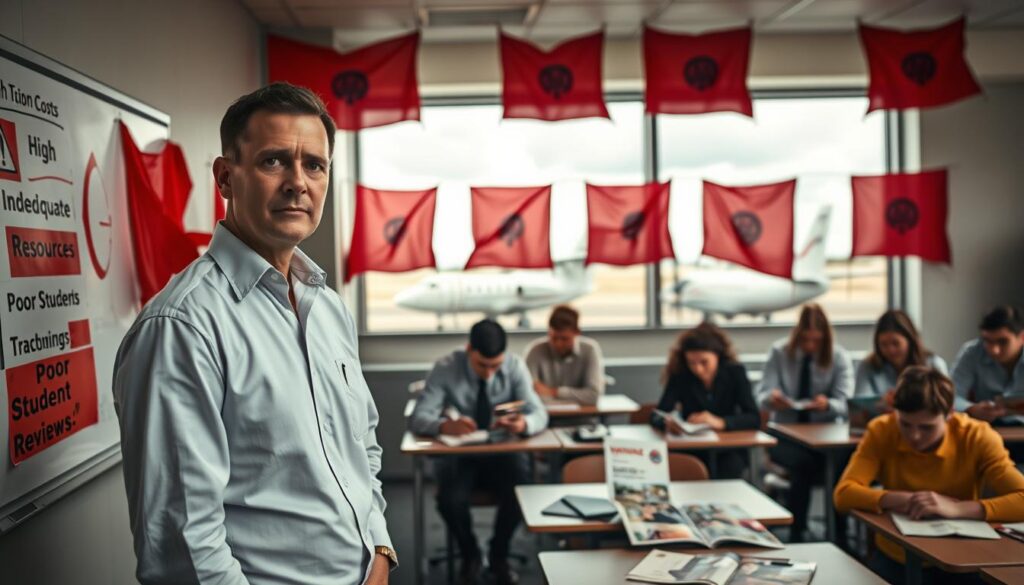 A classroom setting at a flight school, showcasing a series of red flags prominently displayed on the walls. In the foreground, a concerned flight instructor in professional attire stands next to a whiteboard filled with warning signs such as "High Tuition Costs", "Inadequate Training Resources", and "Poor Student Reviews". In the middle ground, a group of aspiring pilots sit at desks, looking uneasy as they review brochures from the school. The background features a large window revealing a cloudy sky and a parked aircraft outside, symbolizing uncertainty. Soft, diffused lighting creates a serious yet informative mood, with a focus on the instructor's expression to convey caution and professionalism. The composition is framed using a wide-angle perspective to capture the entire classroom environment.